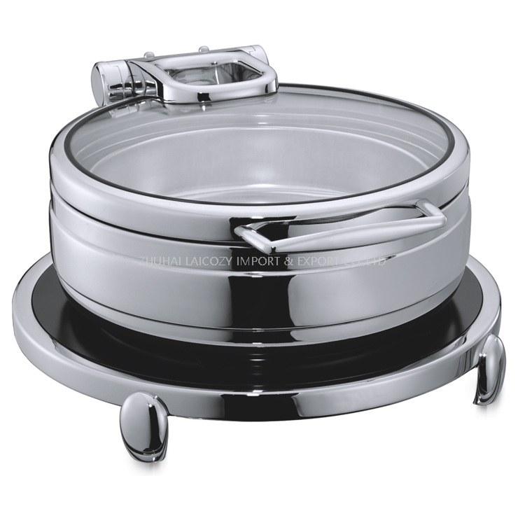 Good Quality 304 Stainless Steel Round Chafing Dish Induction Roll Top Chafer with Glass Lid