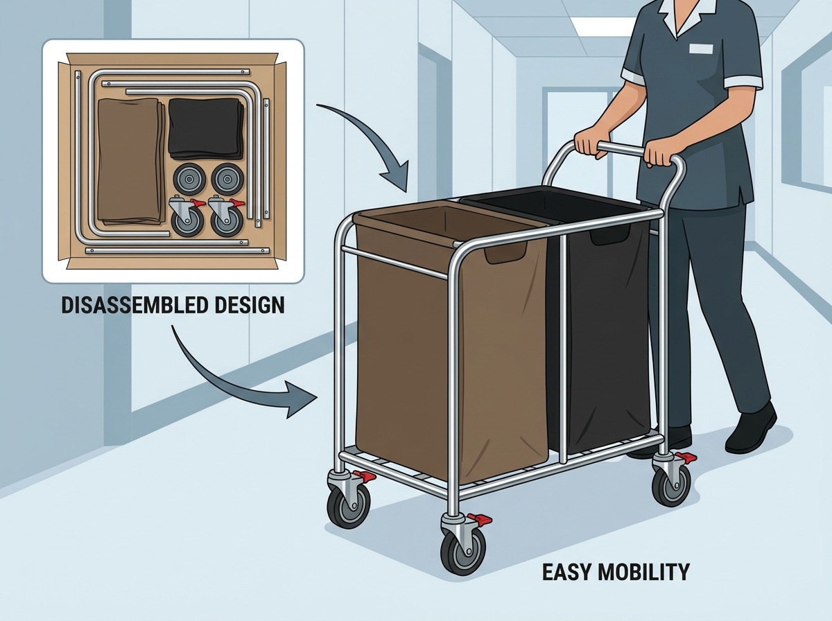 Hotel steel laundry cart with dual bags and universal wheels