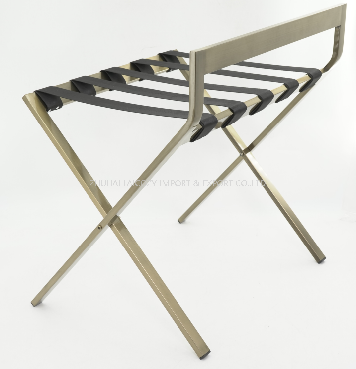 Hotel Brushed Antique Brass Stainless Steel Foldable Luggage Rack With Backrest