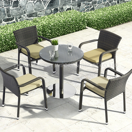Outdoor Round Table with Glass Armrest Rattan Chair with Cushion